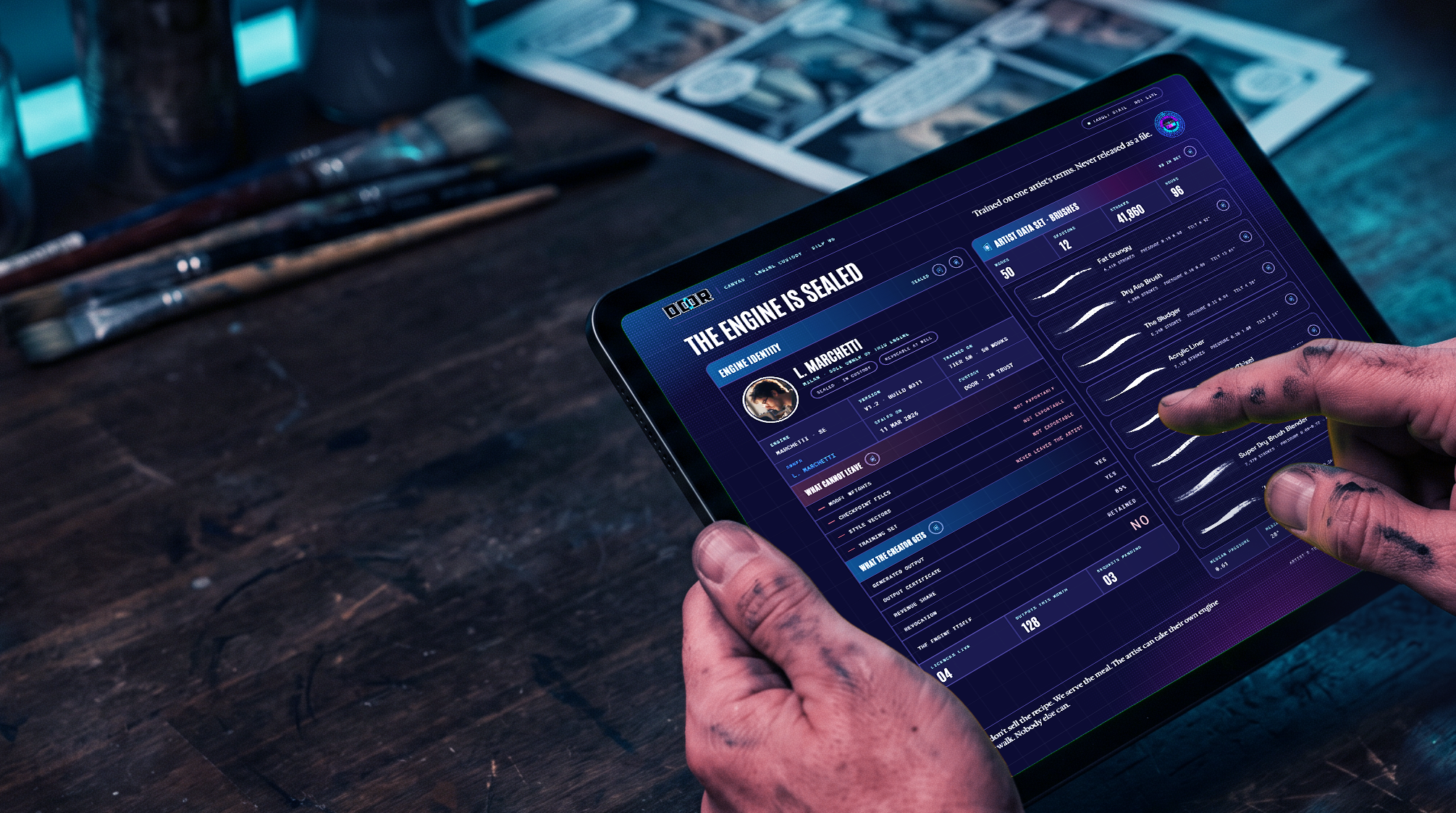 The engine is sealed — an artist's hands on a tablet