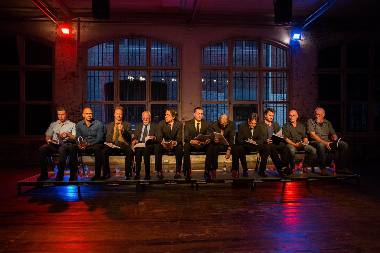 The full Reservoir Dogs cold-read cast on stage at fortyfivedownstairs, 2015