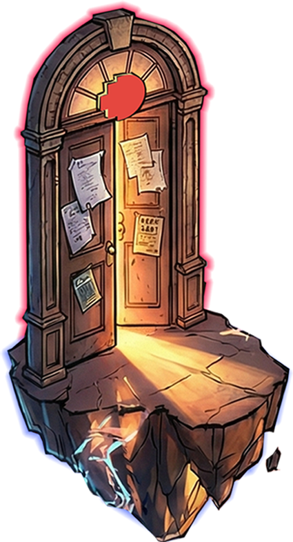 Design door — notices pinned to a lit doorway