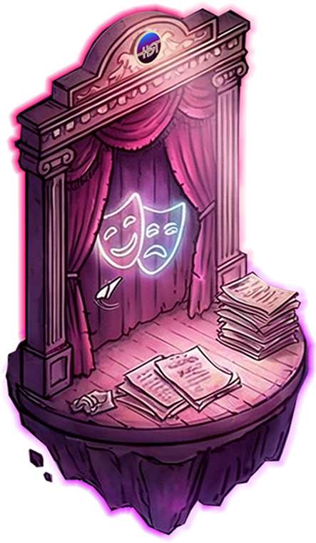 Stage door — curtains, masks and scripts