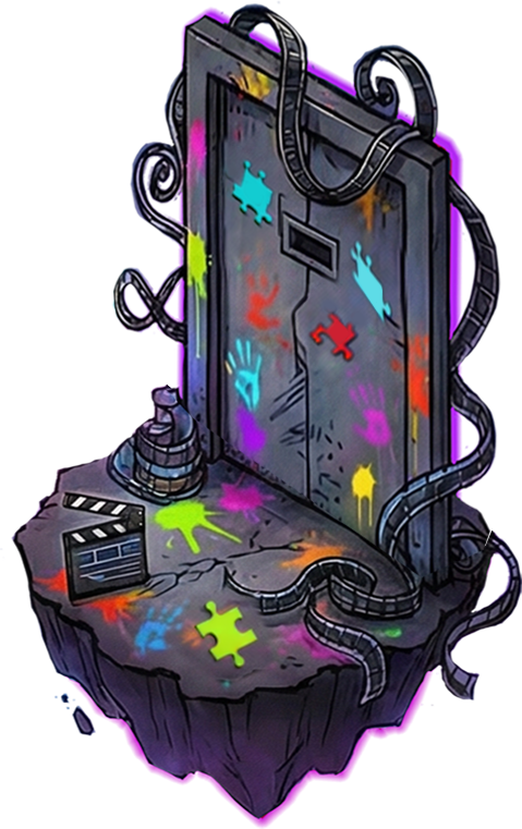 Film door — handprints, paint and reels of film