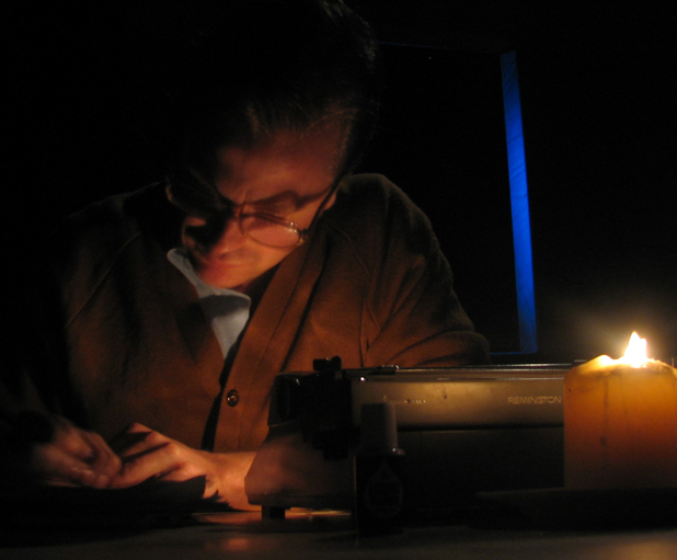 Austin at the typewriter by candlelight, True West 2006